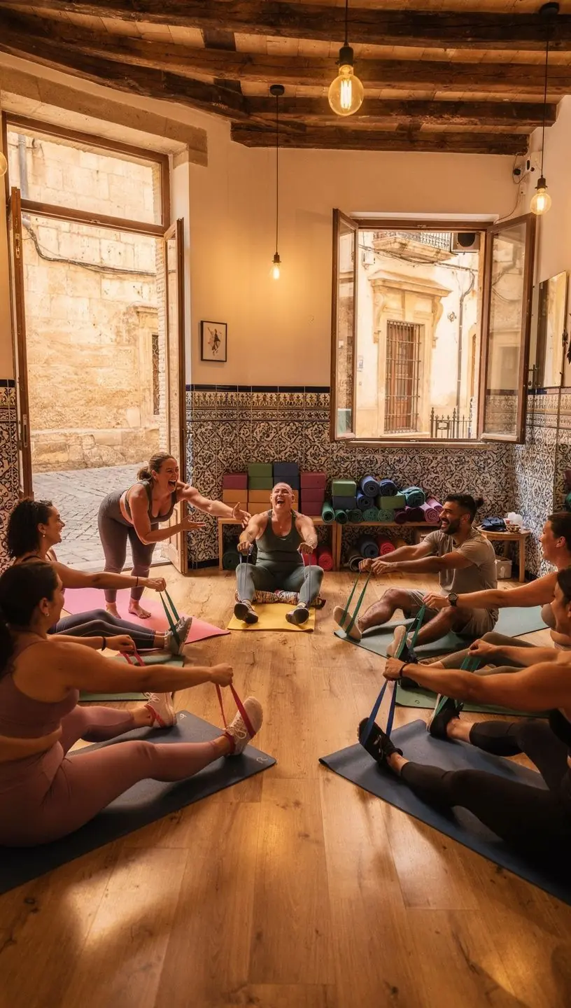 Grupo de personas en una clase de yoga, usando pesas y bandas, concentrados en tonificar su cuerpo.