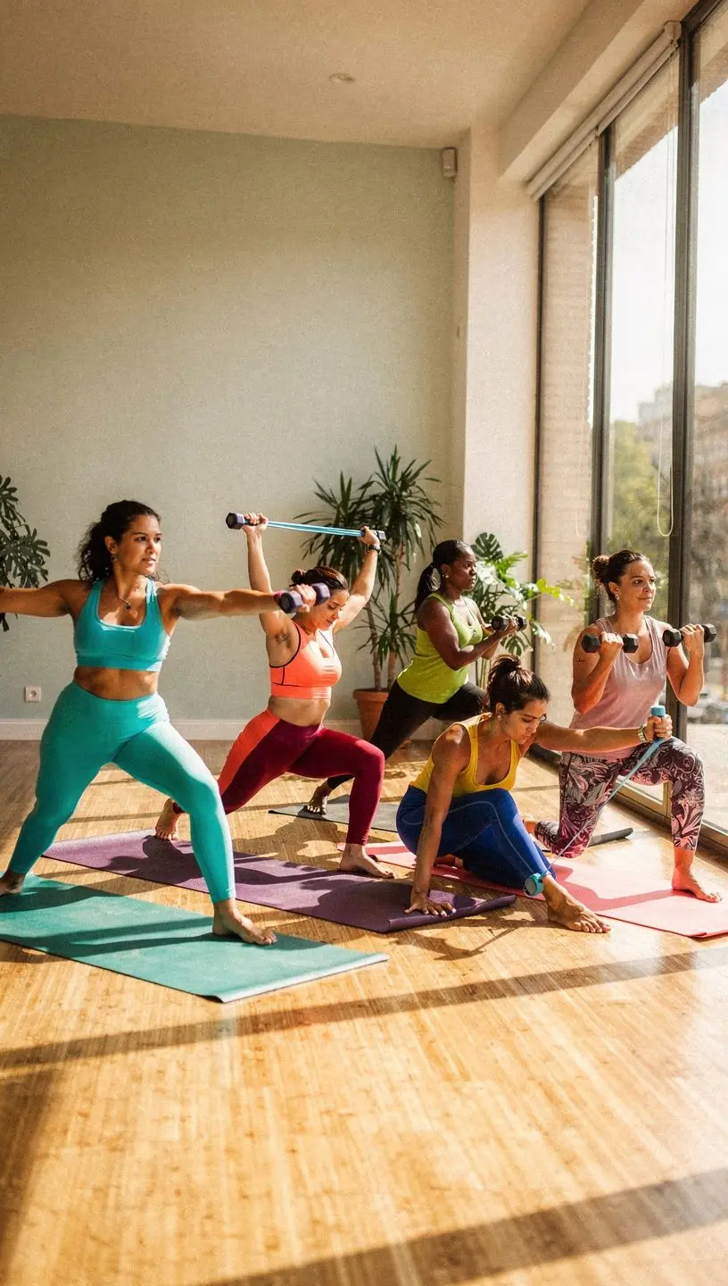 Mujer realizando una postura de yoga con bandas de resistencia mientras levanta pesas ligeras en un ambiente sereno.