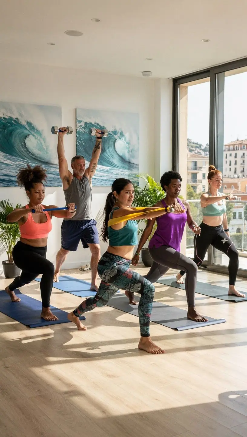Mujer concentrada en una postura de yoga que combina pesas ligeras y respiración.