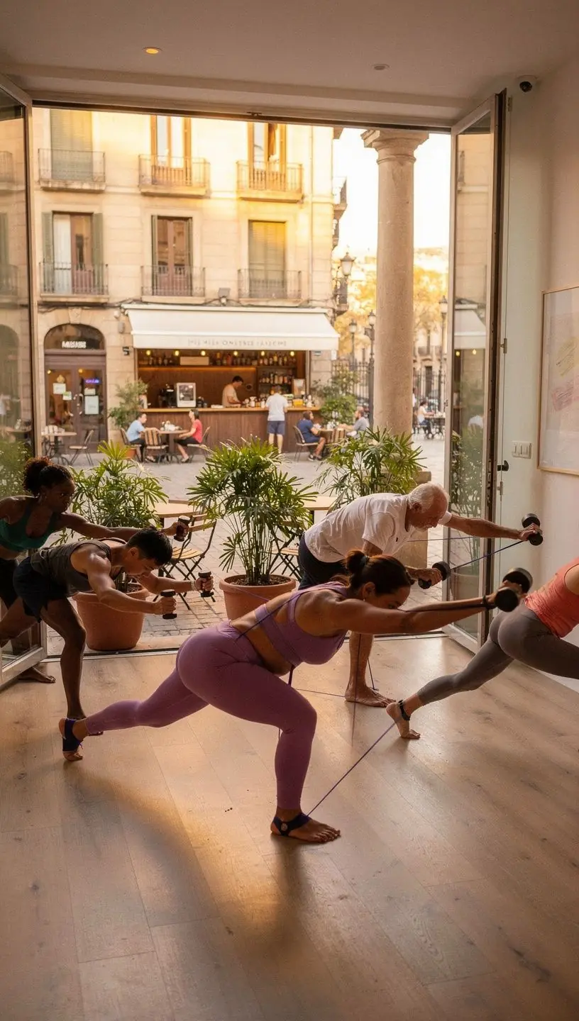 Mujer concentrada en una postura de yoga que combina pesas ligeras y respiración.