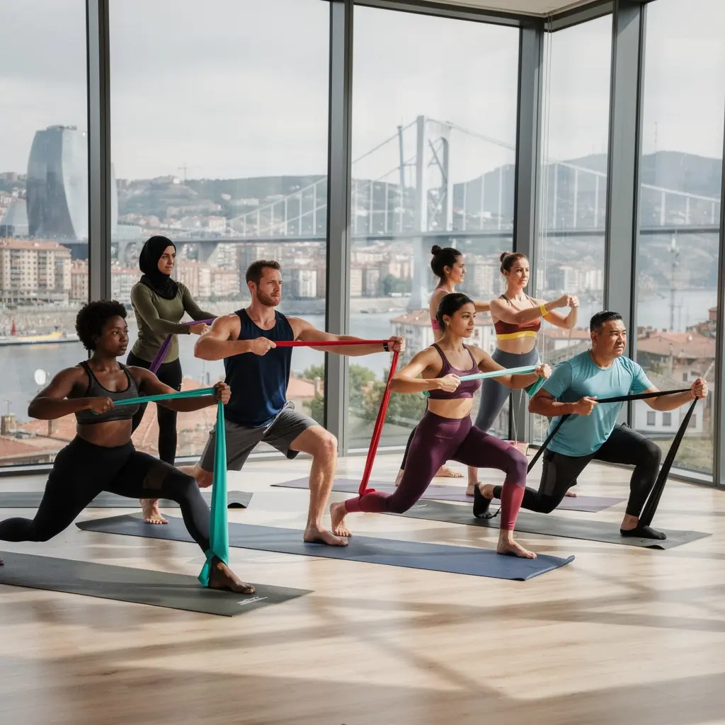 Mujer concentrada en una postura de yoga que combina pesas ligeras y respiración.