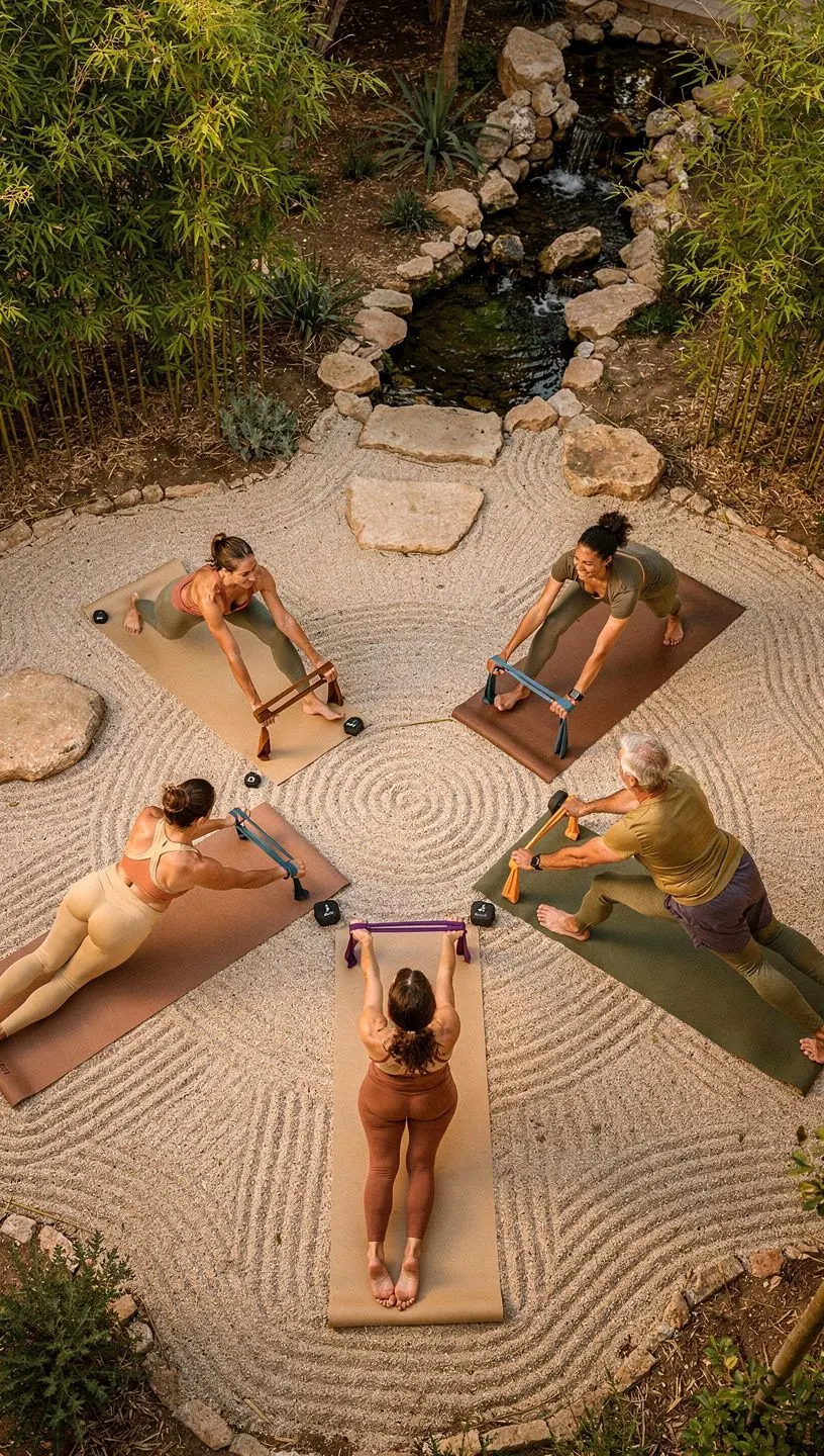 Mujer concentrada en una postura de yoga que combina pesas ligeras y respiración.