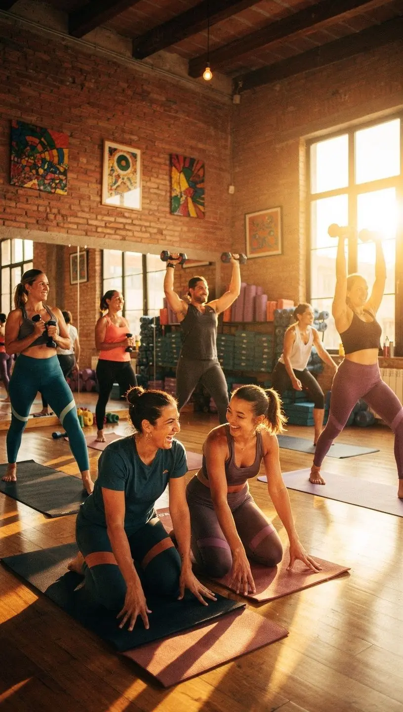 Mujer concentrada en una postura de yoga que combina pesas ligeras y respiración.