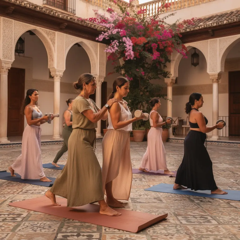 Mujer concentrada en una postura de yoga que combina pesas ligeras y respiración.