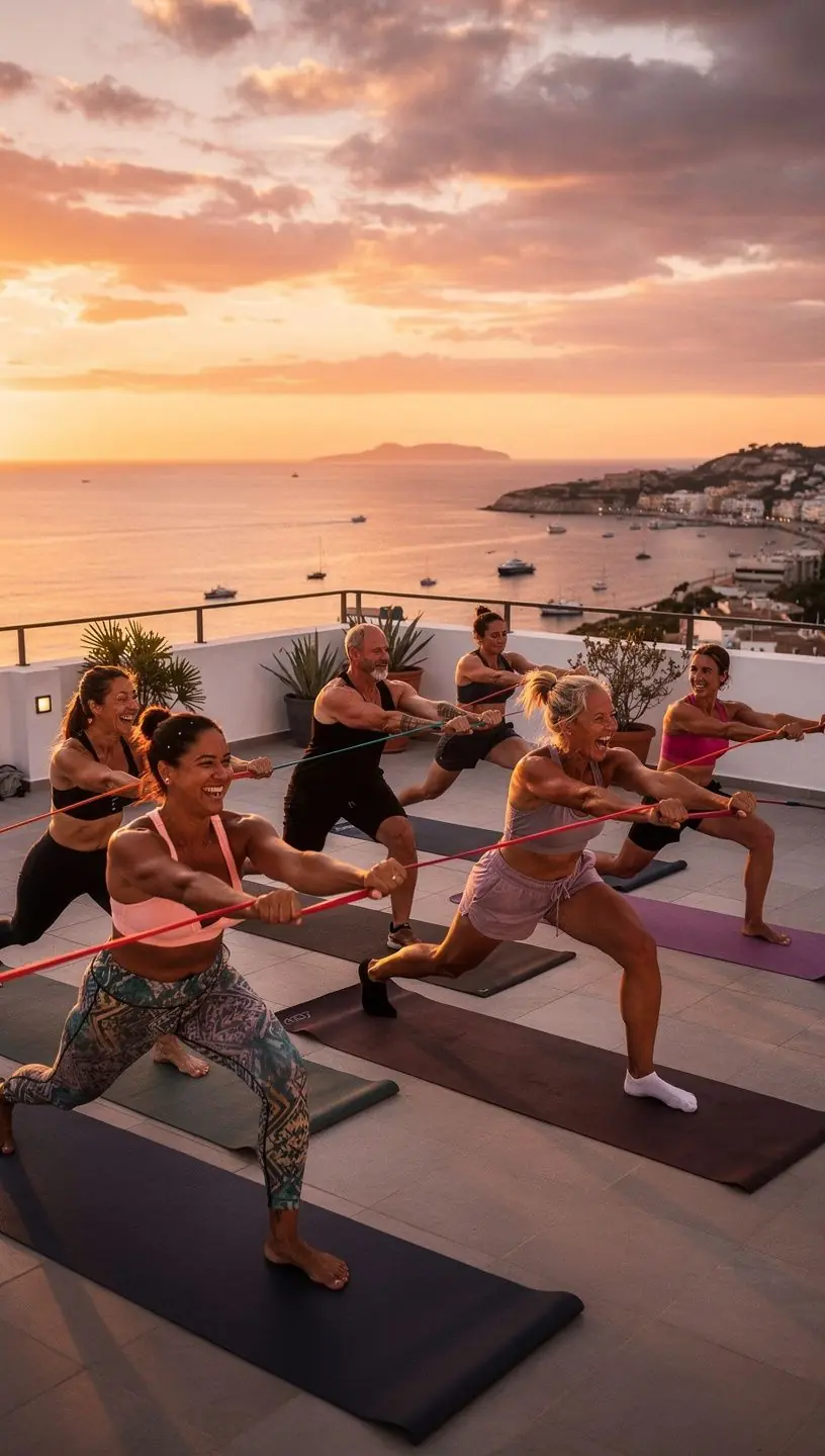 Mujer realizando una postura de yoga con bandas de resistencia en un estudio luminoso.