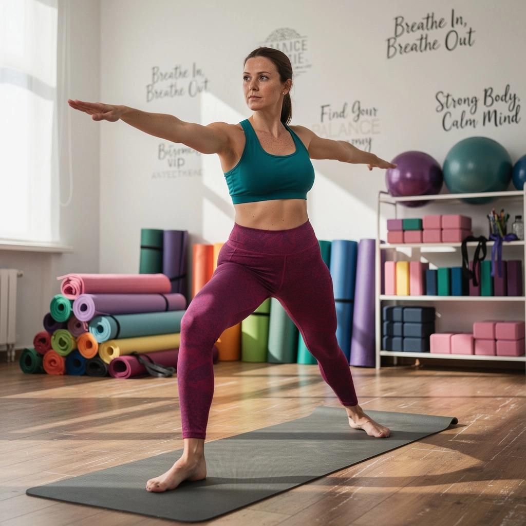 Instructor guiando una clase de yoga mientras los participantes utilizan bandas elásticas.